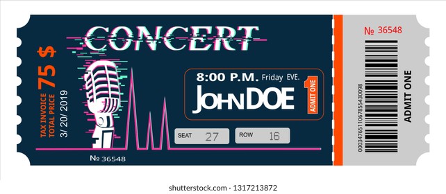 ticket concert invitation, show, coupon, ticket, pass admission entry entrance  glitch style electronic letter 