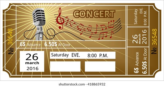 ticket concert invitation, show, coupon, ticket, pass admission entry entrance music, notes, microphone, gloss, beams