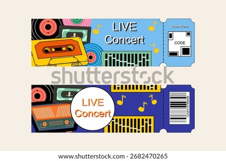Ticket concert from retro concept design. Icon of tape and vinyl abstract electronic player music. Vector illustration.