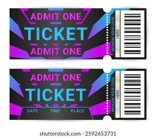Ticket or coupon for cyberpunk theme with barcode and scratch layer