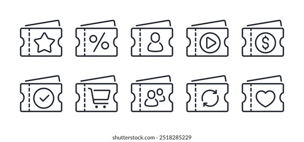 Ticket und Gutschein bearbeitbare Kontur Symbole einzeln auf weißem Hintergrund flache Vektorgrafik gesetzt. Pixel perfekt. 64 x 64