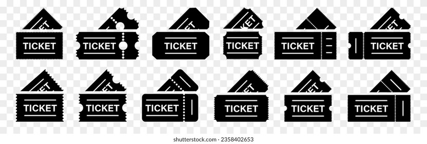Ticket coupon icon collection. Set of black coupon ticket icons for concert, cinema, festival, event. Black event tickets icons. Ticket icons template collection