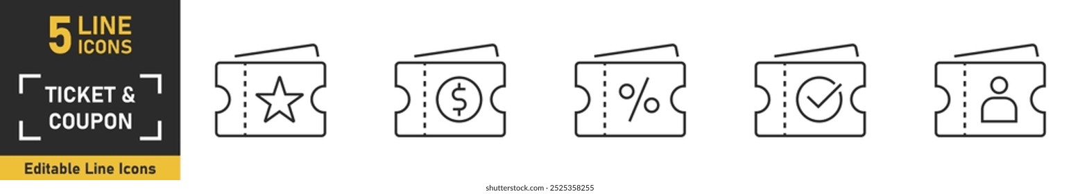 Symbol für Ticket- und Gutscheinzeile. Set von 5 Umrisssymbolen in Bezug auf Ticket, Gutschein, Preis, Rabatt und mehr. Vektorgrafik.