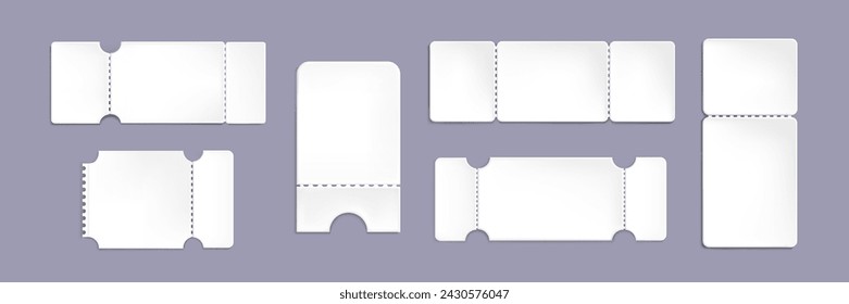 Ticket or coupon mockup for travel, cinema or circus invitation. Realistic 3d vector illustration set of white paper vintage shape voucher. Blank template frame of lottery card or event receipt.