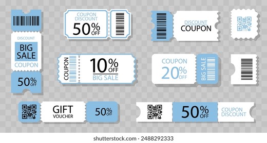 Ticket or coupon promotion illustration set. Collection of voucher, discount coupon, gift voucher, lottery. Template with QR code for design for event, concert, sale. Vector design element