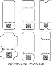 Ticket, Cupón, Plantilla de rifa con el código QR esquemático icono Set. Modelo de papel para eventos, cine, teatro, cine, conciertos y viajes en avión. Invitación, lotería, tarjeta vintage sobre fondo transparente.