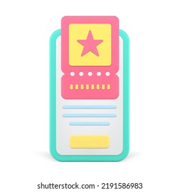 Ticket coupon registration lottery boarding smartphone application realistic 3d icon vector illustration. Sale discount vouchers promo digital flyer bonus admission mobile phone e commerce app