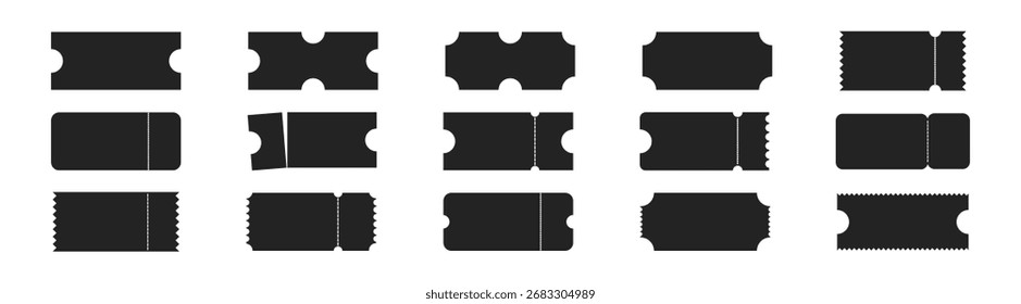 Ticket and coupon set. Vector template of blank perforated admission cards for cinema, concert, theatre, or event. Isolated paper illustration on transparent background.