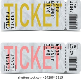 Ticket, coupon or talon template with barcode and rounded corners. Flat vector illustration for theatre or cinema, concert or event. Modern design with crumpled paper texture