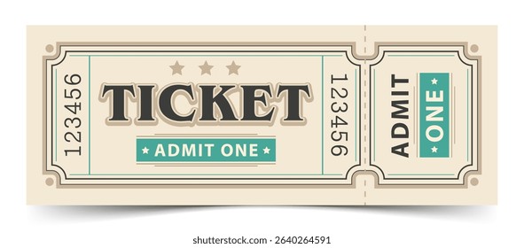 Ticket coupon for theater, cinema and concert performances in retro old style on a beige background with a green stripe. Vector illustration.