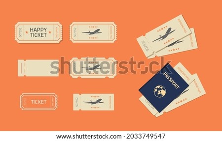 Ticket or coupons template mockup vector set for plane flight or cinema theatre performance old vintage flat cartoon design and think line art outline style isolated, passport with boarding pass