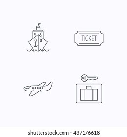 Ticket, cruise ship and airplane icons. Luggage security linear sign. Flat linear icons on white background. Vector