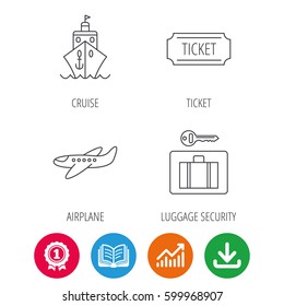 Ticket, cruise ship and airplane icons. Luggage security linear sign. Award medal, growth chart and opened book web icons. Download arrow. Vector