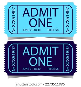 Ticket design with admit one inscription, number, date, time and price. Vector illustration of entry ticket or pass talon for cinema, theatre, circus or concert. Ready to print ticket symbol or icon.