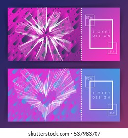 Ticket design or Party invitation template . Two variations. gradient background. Intertwined colorful lines. Flat design. Geometric elements. Abstract illustration.Rectangle. Minimalism. Glow.