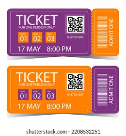 Ticket design with QR code and barcode, detachable or tear-off part, number, event date, time, gate, row and seat. Ticket vector illustration for show, cinema, theatre, circus, festival, concert.