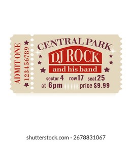 Ticket design template, admit one, retro style, seat, price, vector illustration. Tickets for show, concert, cinema, events, festival, movie, film, and others. 