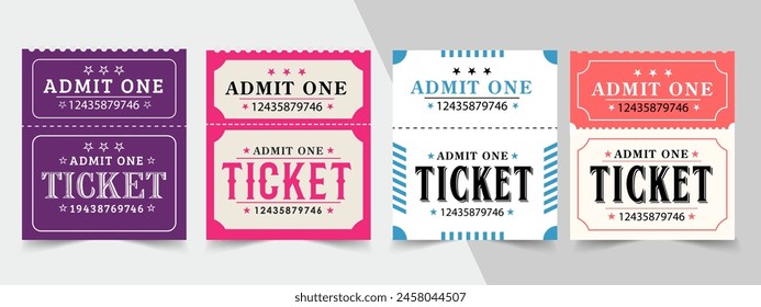 Ticket design template. Ticket for event or program access. Collection of colorful tickets with place for text