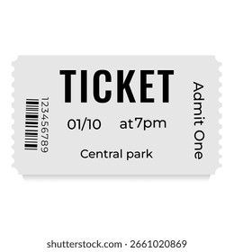 Ticket design template, flat style, black color text on gray ticket, admit one, vector illustration. Tickets for a cinema, movie, show, events, festival, and others. 
