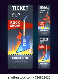 Ticket design template of music event with illustration of rock guitar. Banner or ticket on music concert or show festival