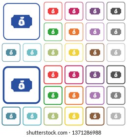 Ticket with dollar bag color flat icons in rounded square frames. Thin and thick versions included.