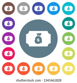 Ticket with dollar bag flat white icons on round color backgrounds. 17 background color variations are included.