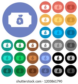 Ticket with dollar bag multi colored flat icons on round backgrounds. Included white, light and dark icon variations for hover and active status effects, and bonus shades.