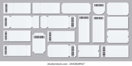 Plantilla de ticket vacío. Concierto de sala de cine de embarque blanco billetes de lotería cupones . Vector