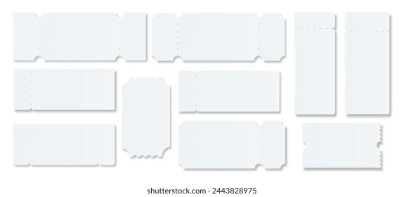 Ticket Empty template. Concert movie theater boarding blank white tickets lottery coupons . Vector