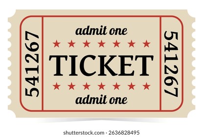 Ticket for festival, show, theater, movie, cinema and more. Admit one. Flat vector illustration isolated