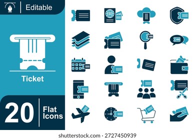 Conjunto de ícones planos de ingressos com ingressos para eventos, reservas, passes, cupons, viagens, entrada no cinema e conceitos de controle de acesso. Limpar ícones de vetor para eventos, serviços e design de tíquete digital.