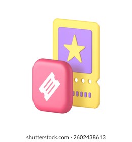 Ticket flyer coupon voucher event festival invitation 3d icon realistic vector illustration. Cinema comedy concert film party pass show museum circus entry tag badge place admit