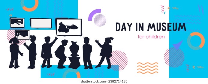 Ticket or flyer template for kids excursion to an art museum gallery, flat vector illustration. Banner with children discover world of art and visit museum or exhibition.