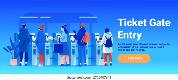 Entrada de ingresso pessoas usando máquinas fila moderna estação de metrô azul fundo site banner