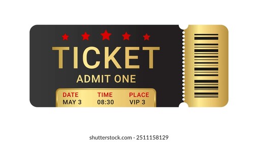 Ticket with gold color text and golden elements on white background