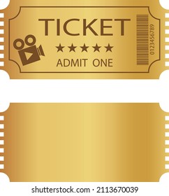 Ticket, golden color retro ticket isolated on white background. Vector, cartoon illustration. Vector.