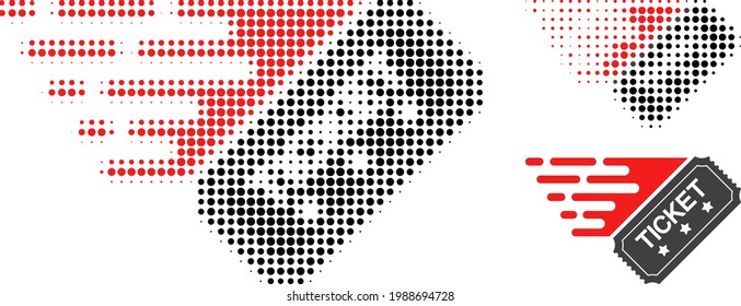 Ticket halftone dotted icon. Halftone pattern contains circle elements. Vector illustration of ticket icon on a white background.