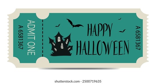 Ticket to Halloween. Festive and spooky ticket for the Halloween celebration with with bats, haunted house. Retro holiday ticket design. 