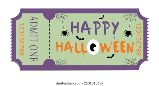 Ticket to Halloween. Festive and spooky ticket for the Halloween celebration with bats and spider web. Retro holiday ticket design.