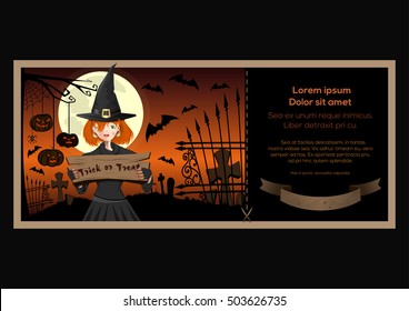 Ticket halloween party. Halloween colorfull banner with message and pretty young witch, Halloween jack-o'-lantern, graveyard, full moon. Vector illustration