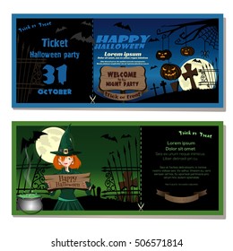 Ticket to Halloween party. Invitation to Halloween night party. Cute young witch in a magic hat in the cemetery. Vector illustration