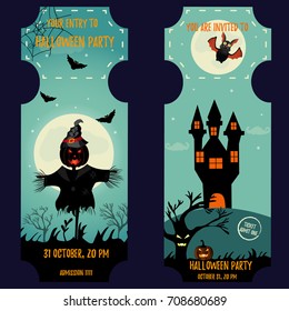 Ticket Halloween Party. Invitation template. Halloween background with creepy house, moon, scarecrow, scare pumpkin, cat and bats