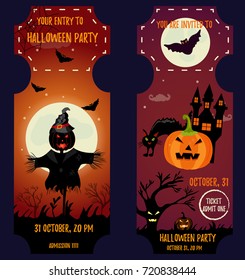 Ticket Halloween Party. Invitation template. Halloween background with creepy house, moon, scarecrow, scare pumpkin, cat and bats