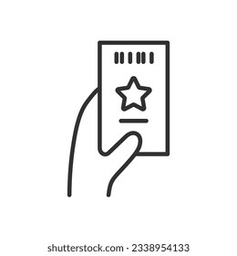 Ticket in der Hand, lineares Symbol. Linie mit bearbeitbarem Hub
