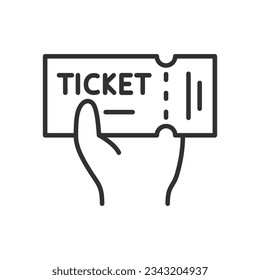 Ticket in hand, linear icon. Line with editable stroke