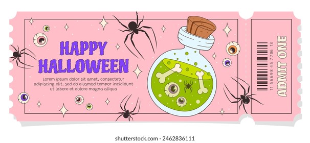Ticket for Happy Halloween. Spooky and cute invitation to a Halloween night party. Ticket with elixir, spiders, and eyes. One entry to the celebration. Vector