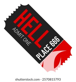 Ticket to hell, admit one, place 666. One way ticket. Flat vector illustration isolated on white background.