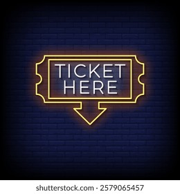 ticket here neon sign with brick wall background vector