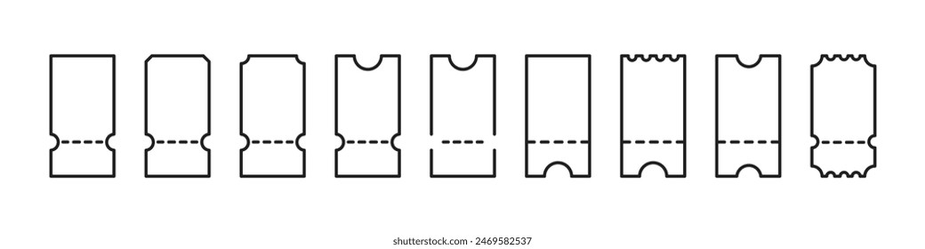 Ticket icon. Blank tickets set. Ticket template cinema, lottery, travel, football match. Vector coupon.