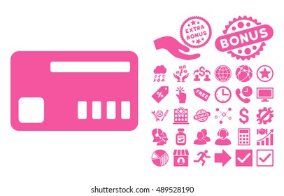 Ticket icon with bonus pictures. Vector illustration style is flat iconic symbols, pink color, white background.